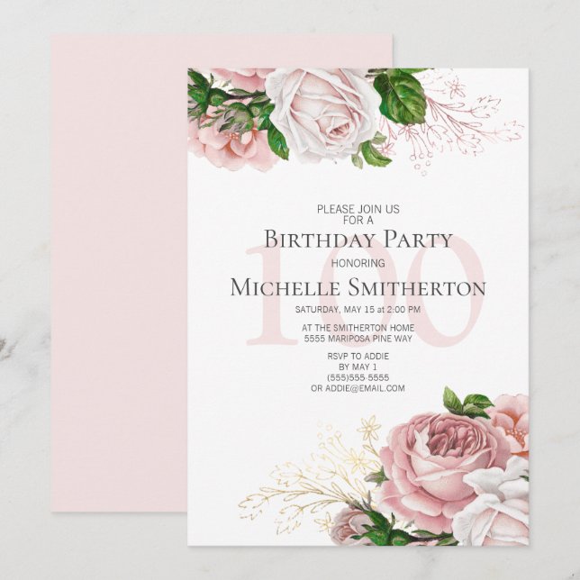 Blush Pink Floral Roses White 100th Birthday Invitation (Front/Back)