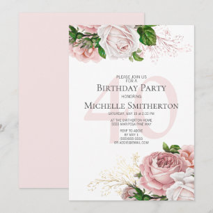 Blush Pink Floral Roses White 40th Birthday Invitation