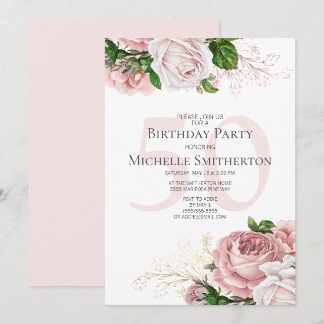 Blush Pink Floral Roses White 50th Birthday Invitation (Front/Back)