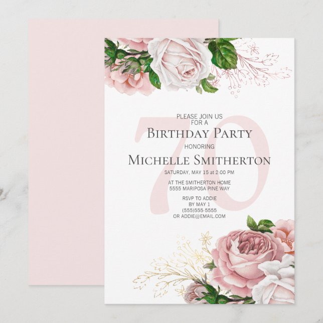 Blush Pink Floral Roses White 70th Birthday Invitation (Front/Back)