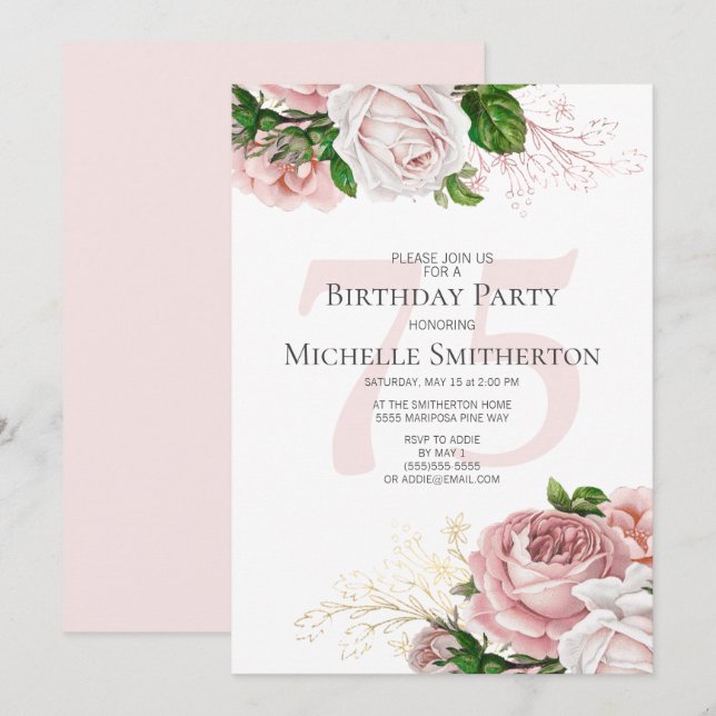 Blush Pink Floral Roses White 75th Birthday Invitation (Front/Back)