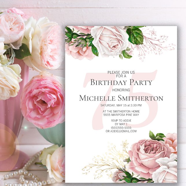 Blush Pink Floral Roses White 75th Birthday Invitation (Elegant pink vintage roses 75th birthday party invitation for women)