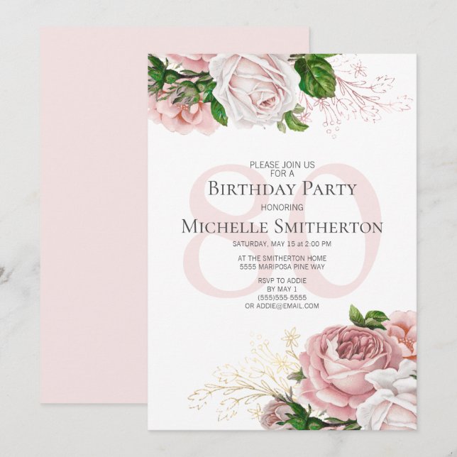 Blush Pink Floral Roses White 80th Birthday Invitation (Front/Back)