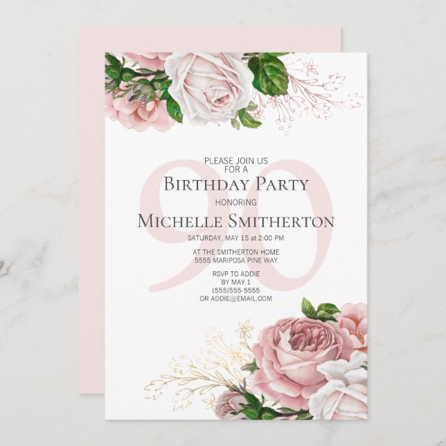 Blush Pink Floral Roses White 90th Birthday Invitation (Front/Back)
