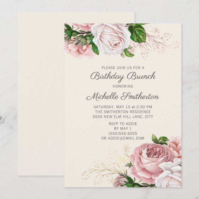Blush Pink Floral Roses White Birthday Brunch Invitation (Front/Back)