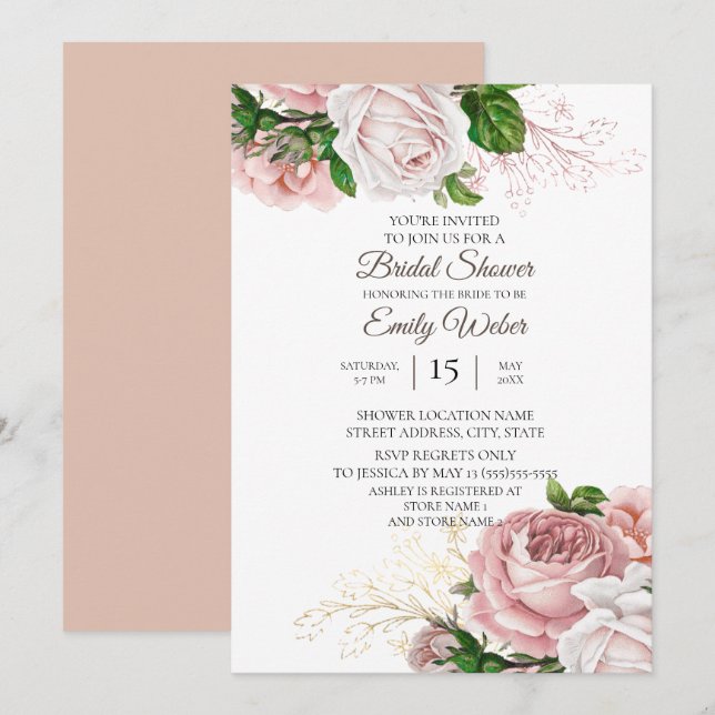 Blush Pink Floral Roses White Bridal Shower Invitation (Front/Back)