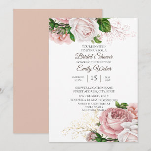Blush Pink Floral Roses White Bridal Shower Invitation