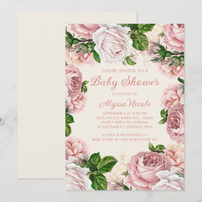 Blush Pink Floral Roses White Girl Baby Shower Invitation (Front/Back)
