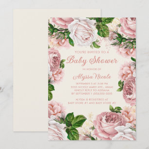 Blush Pink Floral Roses White Girl Baby Shower Invitation