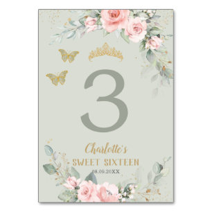 Blush Pink Floral Sage Green Butterflies Sweet 16 Table Number