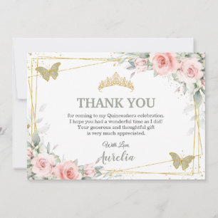 Blush Pink Floral Sage Green Butterfly Quinceañera Thank You Card