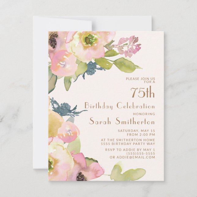 Blush Pink Floral Sage Green Leaves 75th Birthday Invitation (Front)
