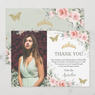 Blush Pink Floral Sage Green Quinceañera Photo Thank You Card