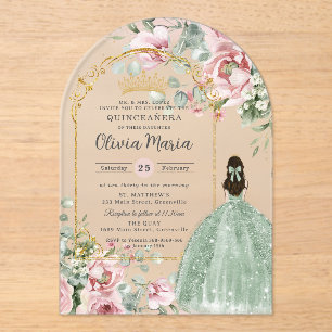 Blush Pink Floral Sage Green Quinceañera Sweet 16 Acrylic Invitations