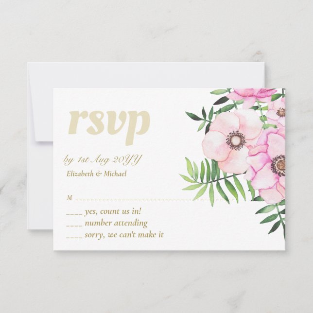 Blush Pink Floral Sage Leaves Budget Wedding RSVP Card (Front)