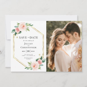 blush pink floral save the date photo card
