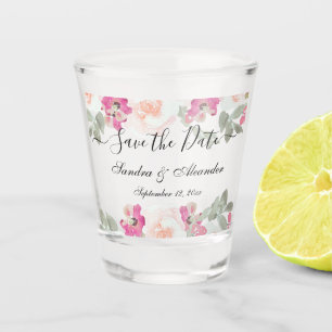 Blush Pink Floral Save The Date Wedding Shot Glass