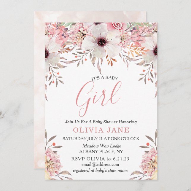 Blush Pink Floral Shimmer Baby Shower Invitation (Front/Back)