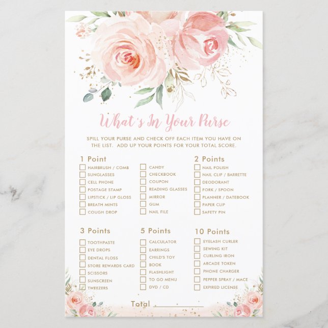 Blush Pink Floral Shower What's In Your Purse Game (Front)