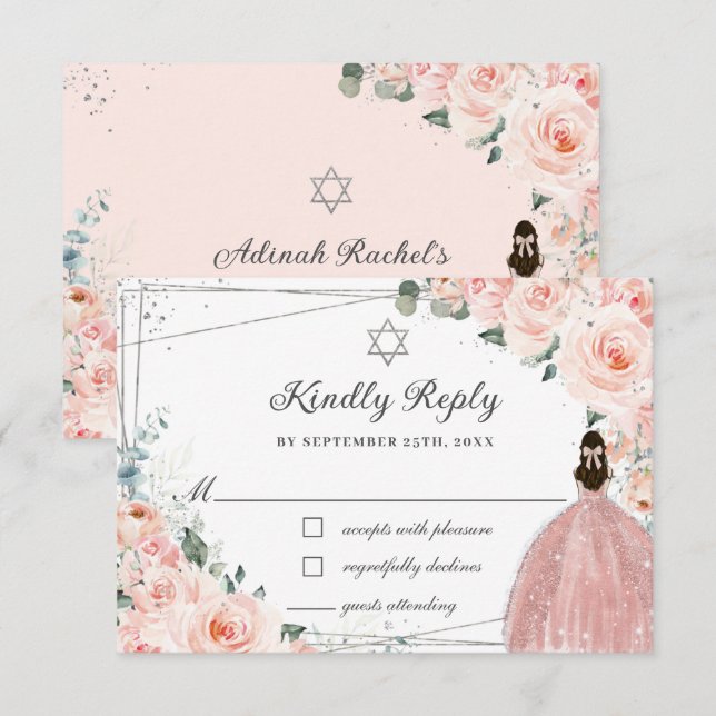Blush Pink Floral Silver Bat Mitzvah Girl Dress RSVP Card (Front/Back)