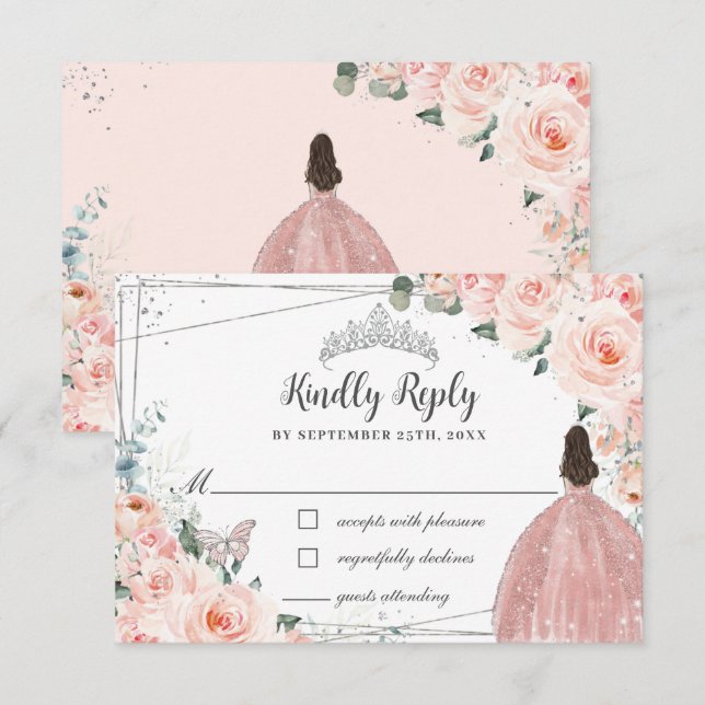 Blush Pink Floral Silver Butterfly Quinceañera RSVP Card (Front/Back)
