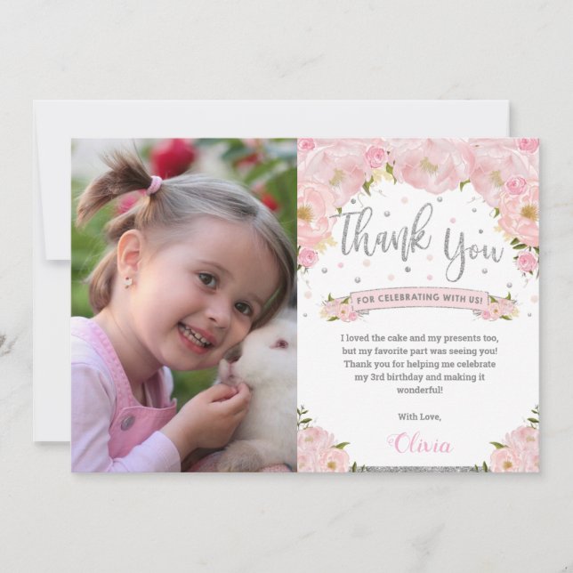 Blush Pink Floral Silver Glitter Birthday Photo Thank You Card (Front)
