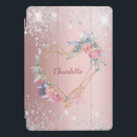 Blush pink floral silver glitter monogram elegant iPad pro cover<br><div class="desc">A blush pink metallic looking background. Faux silver glitter dust as decoration. A golden heart decorated with pink flowers.  Personalise and add a name. The name is written a modern hand lettered script.</div>