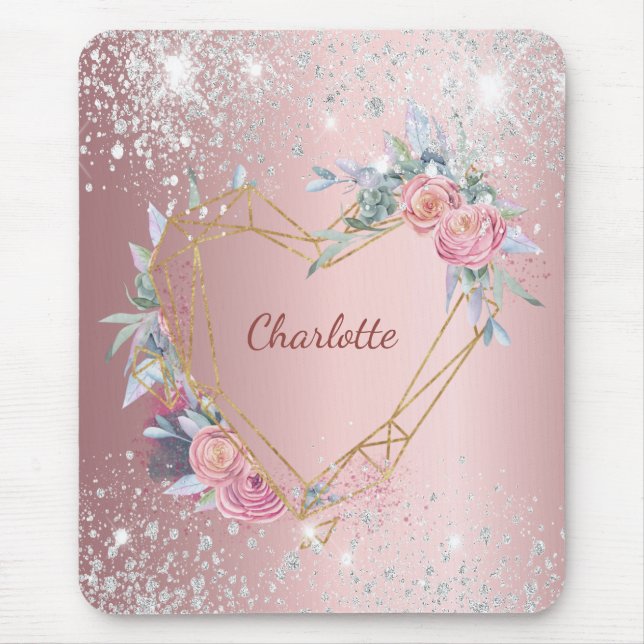 Blush pink floral silver glitter monogram elegant mouse mat (Front)