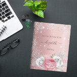 Blush pink floral silver glitter name script 2025 planner<br><div class="desc">A blush pink background with pink florals, silver foliage and faux silver glitter dust. Personalise and add your name, title and year. The name is written with a modern hand lettered style script with swashes. To keep the swashes only delete the sample name, leave the spaces or emoji's in front...</div>