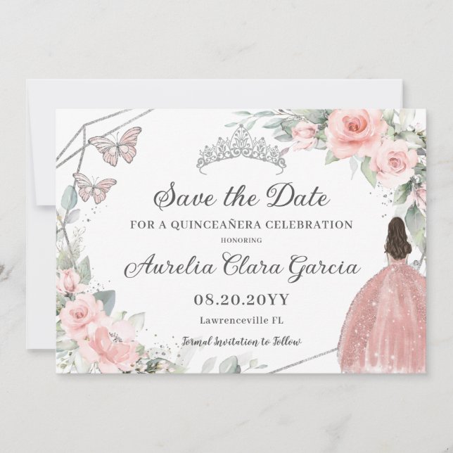 Blush Pink Floral Silver Quinceanera Sweet Sixteen Save The Date (Front)