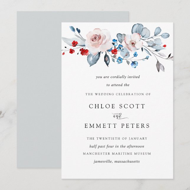Blush Pink Floral Soft Blue a Dash of Red Wedding Invitation (Front/Back)