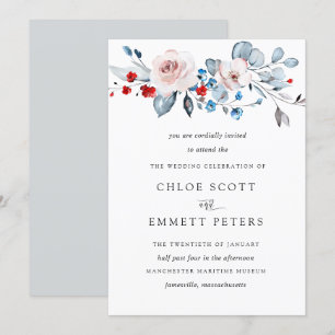 Blush Pink Floral Soft Blue a Dash of Red Wedding Invitation