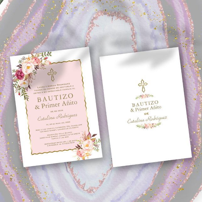 Blush Pink Floral Spanish 1st Birthday & Baptism Invitation (spanish baptism and birthday invitation, trendy baptism 1st birthday, elegant pink floral baptism)