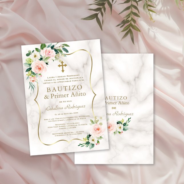 Blush Pink Floral Spanish 1st Birthday Baptism Invitation (Creator Uploaded)