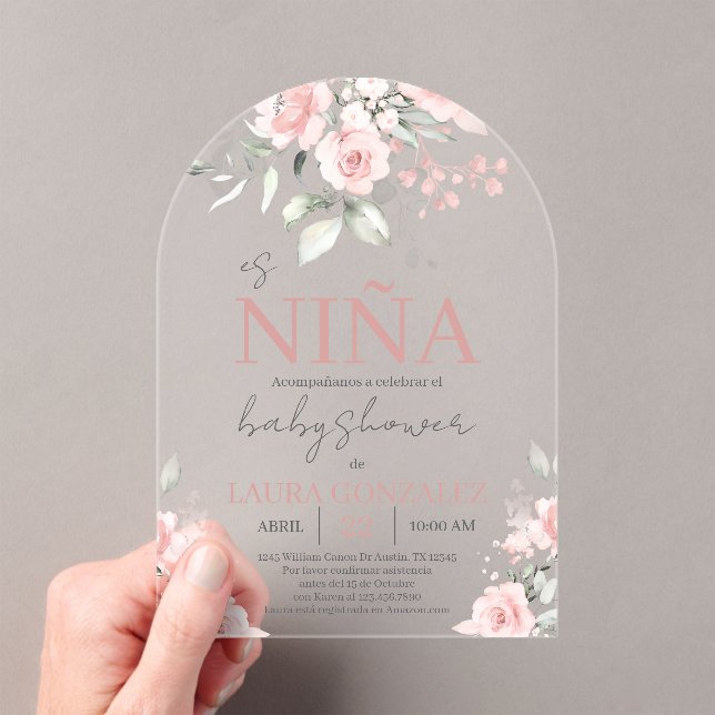 Blush Pink Floral Spanish Baby Shower Girl Acrylic Invitations (Insitu (Handheld))