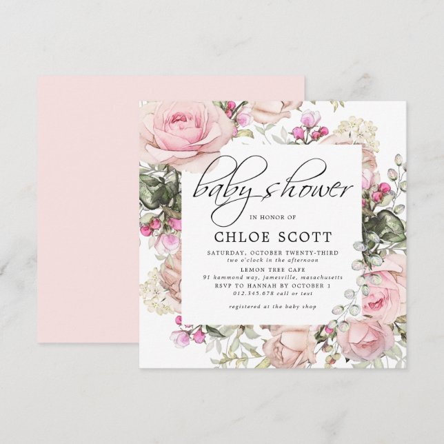 Blush Pink Floral Square Baby Shower Invitation (Front/Back)