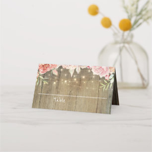 Blush Pink Floral String Lights Rustic Wood Place Card