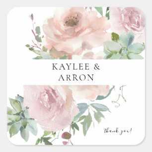 Blush Pink Floral & Succulent Floral Thank You Square Sticker