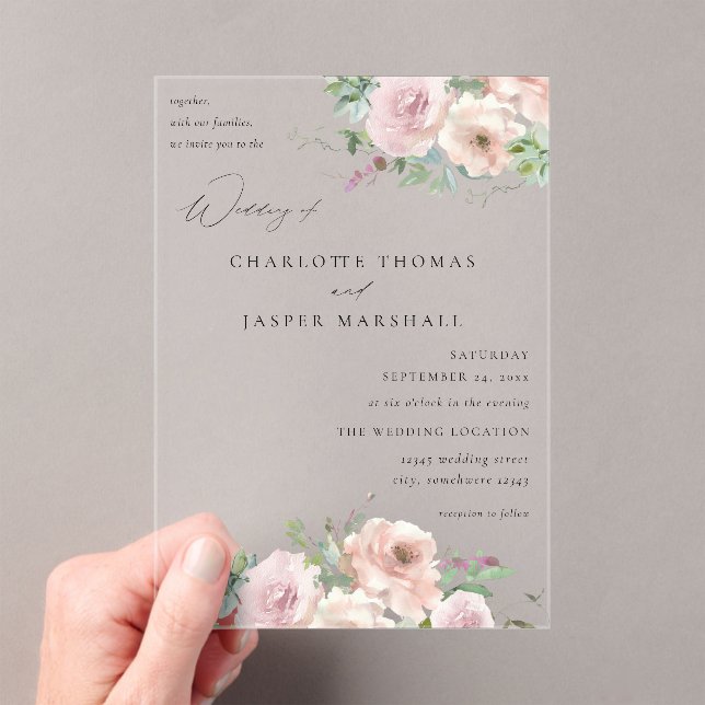 Blush Pink Floral & Succulent Wedding V2 Acrylic Invitations (Insitu (Handheld))