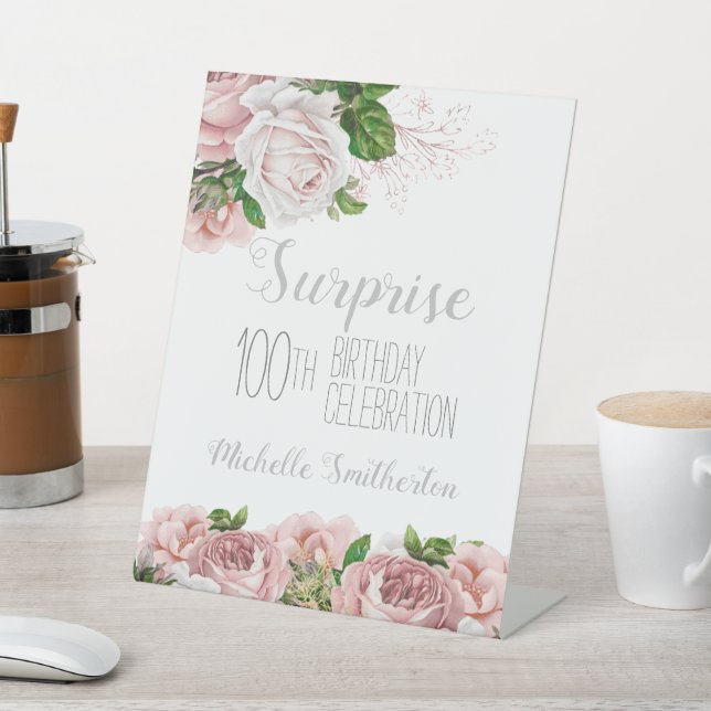 Blush Pink Floral Surprise 100th Birthday  Pedestal Sign (In SItu)