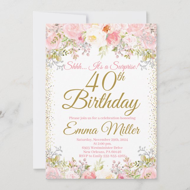 Blush Pink Floral Surprise 40th Birthday Invitation (Front)