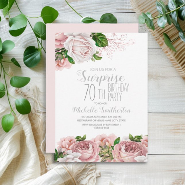 Blush Pink Floral Surprise 70th Birthday Invitation (Blush pink vintage floral surprise 70th birthday party invitation)