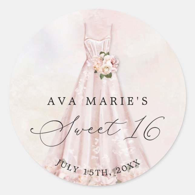 Blush Pink Floral Sweet 16th Birthday Classic Classic Round Sticker (Front)