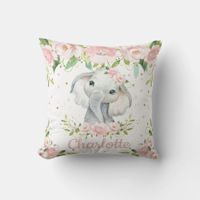 Blush Pink Floral Sweet Elephant Girl Nursery Cushion (Front)