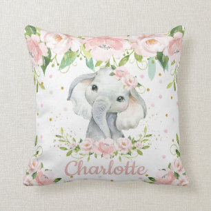 Blush Pink Floral Sweet Elephant Girl Nursery Cushion