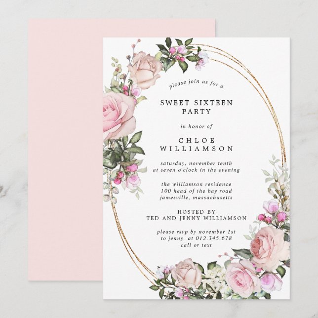 Blush Pink Floral Sweet Sixteen Party Invitation (Front/Back)