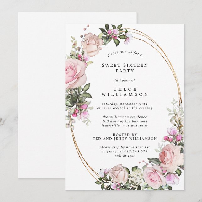 Blush Pink Floral Sweet Sixteen Party Invitation (Front/Back)