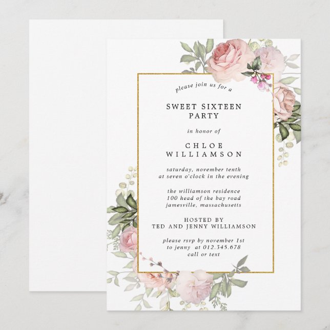 Blush Pink Floral Sweet Sixteen Party Invitation (Front/Back)