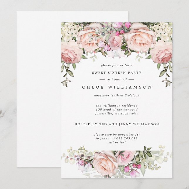 Blush Pink Floral Sweet Sixteen Party Invitation (Front/Back)