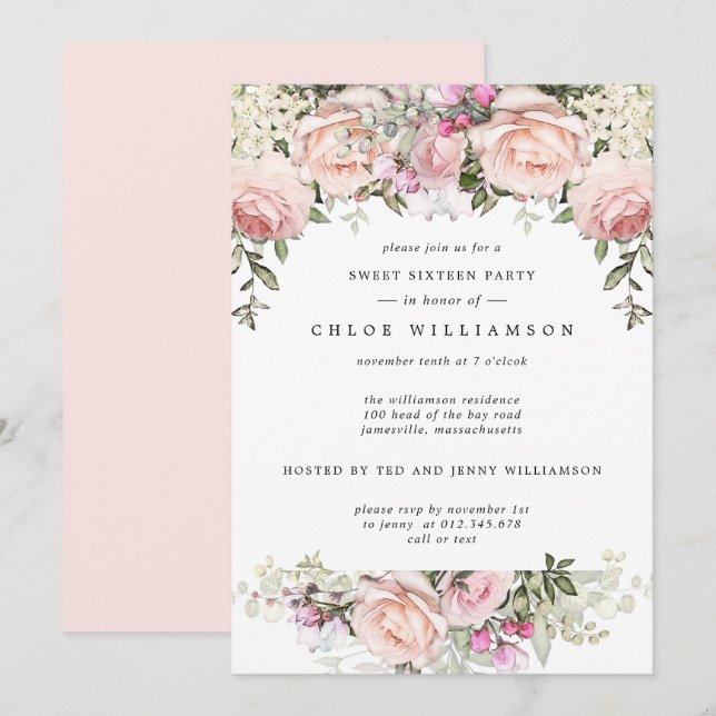 Blush Pink Floral Sweet Sixteen Party Invitation (Front/Back)
